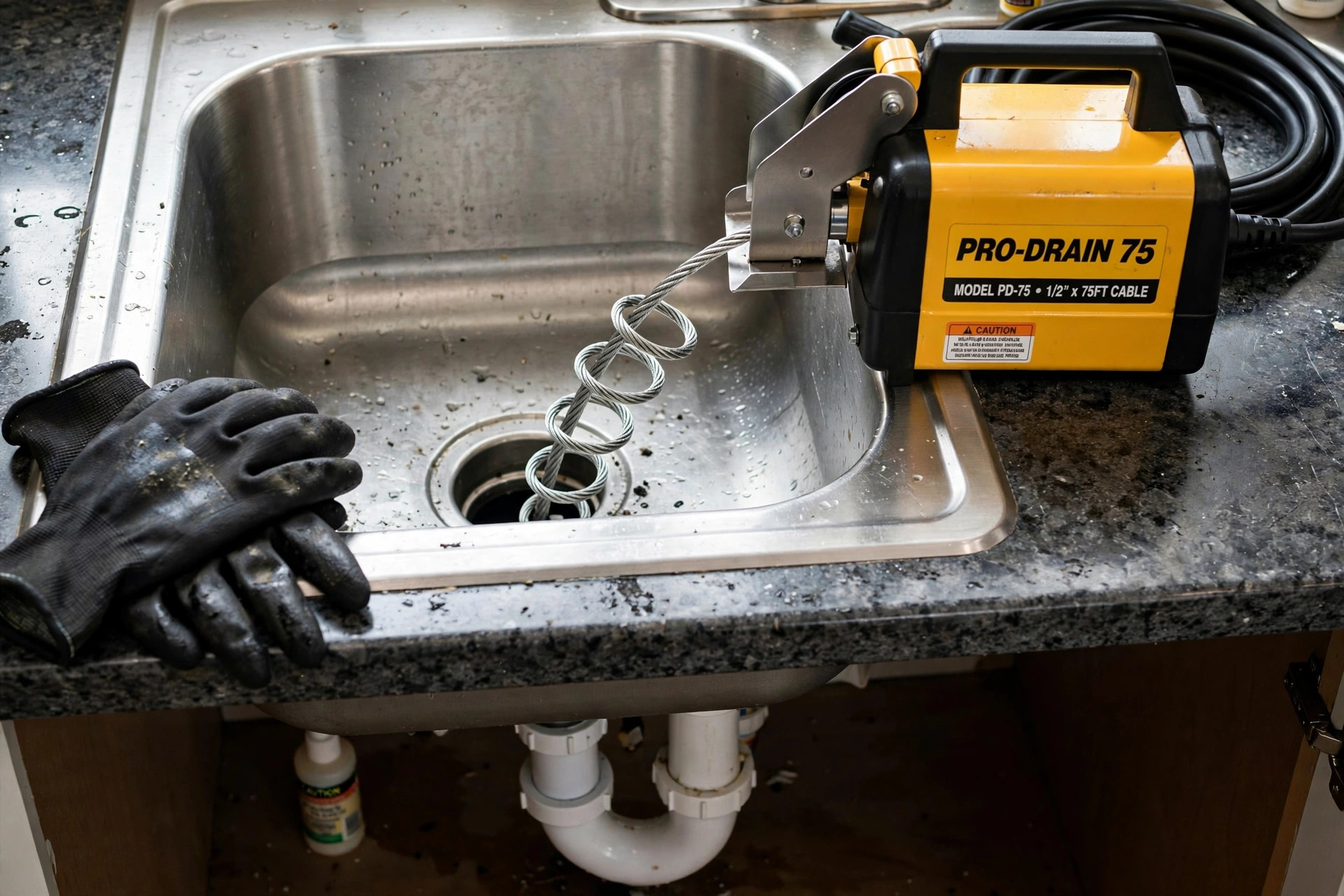Drain cable machine feeding a steel cable into a sink drain